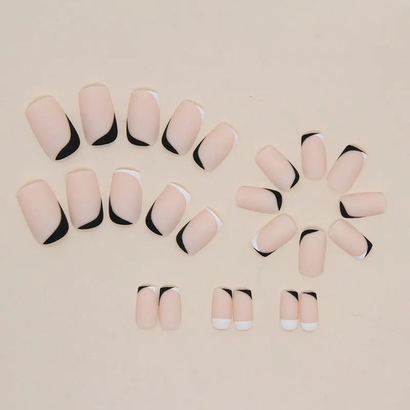 Set of black and white frosted matte press-on nails in W644 colour code for ladies fashion manicure