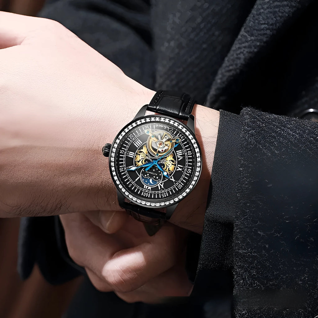Waterproof mechanical watch with metal case and stainless steel strap with butterfly buckle