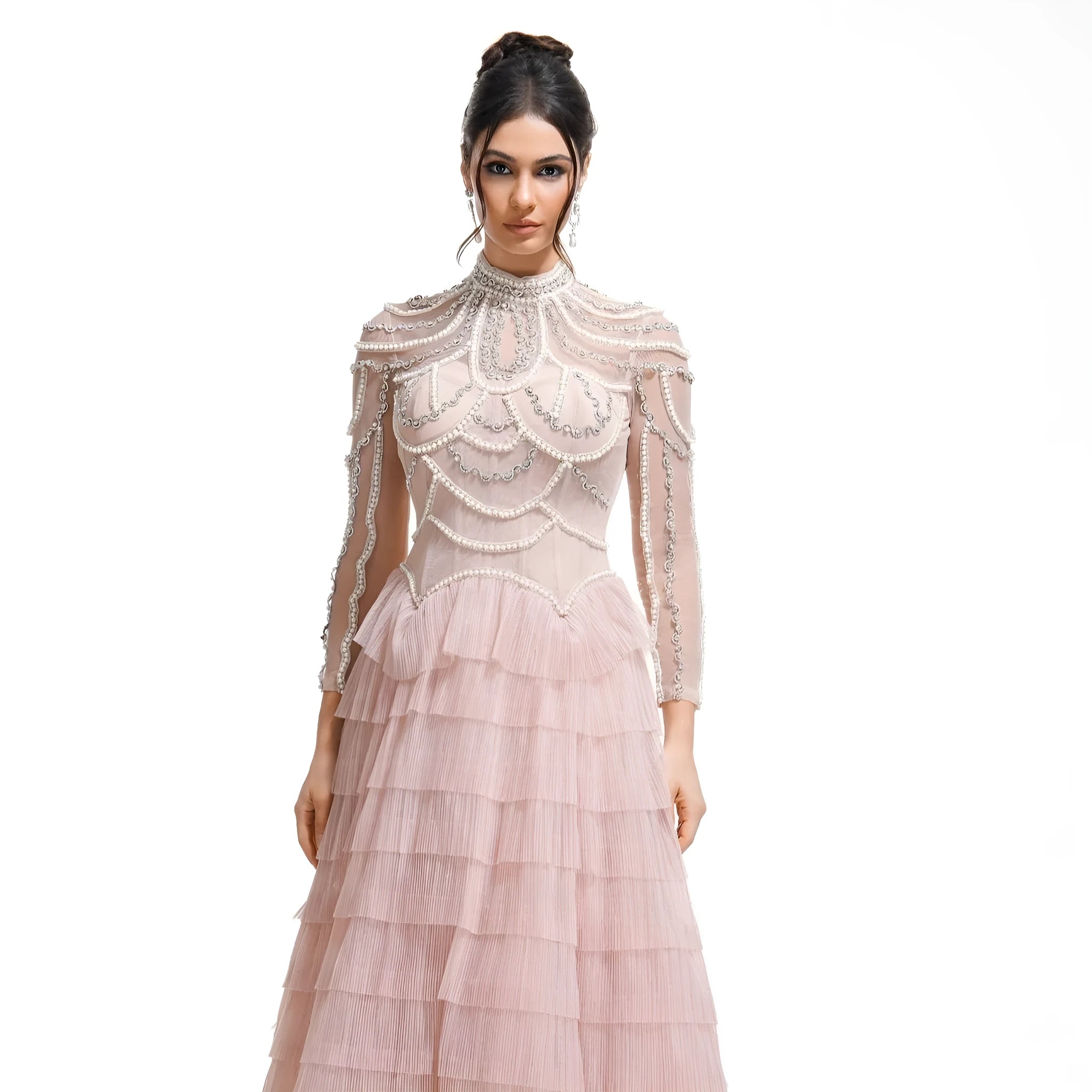 Women's black long sleeve dress with beaded decoration and mid waist design