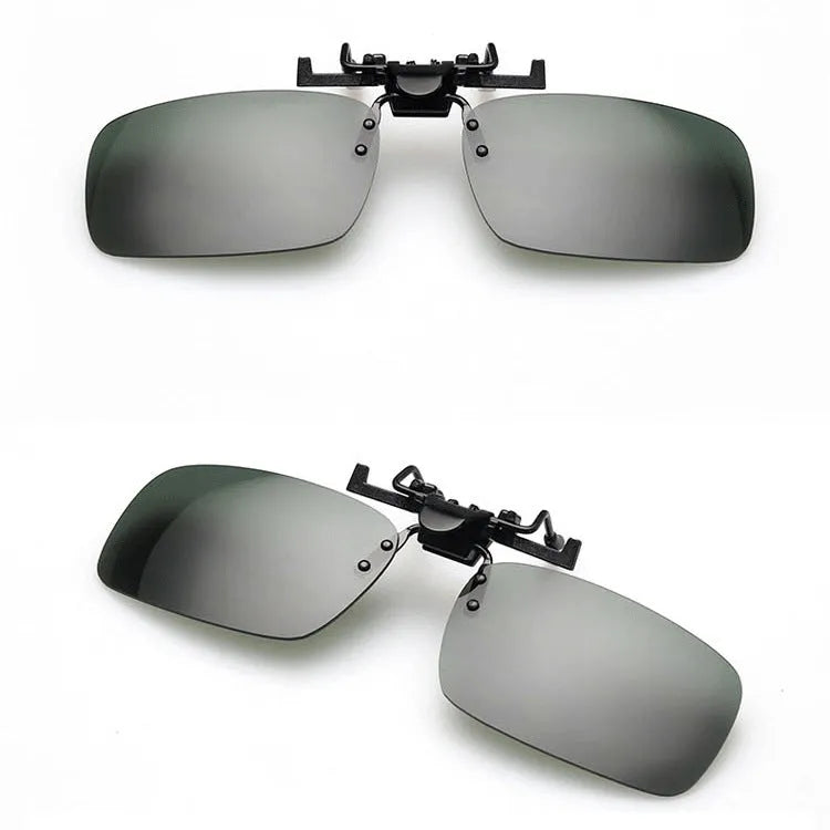 Plastic clip-on sunglasses attachment for prescription glasses, shown with dark green PC lens.