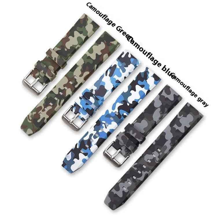 Camouflage pattern silicone watch strap showing flat head universal design with width measurement options