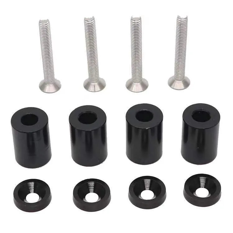 Aluminium alloy car engine bay spacer kit with red, blue, and black colour options next to screws, nuts, and washers.