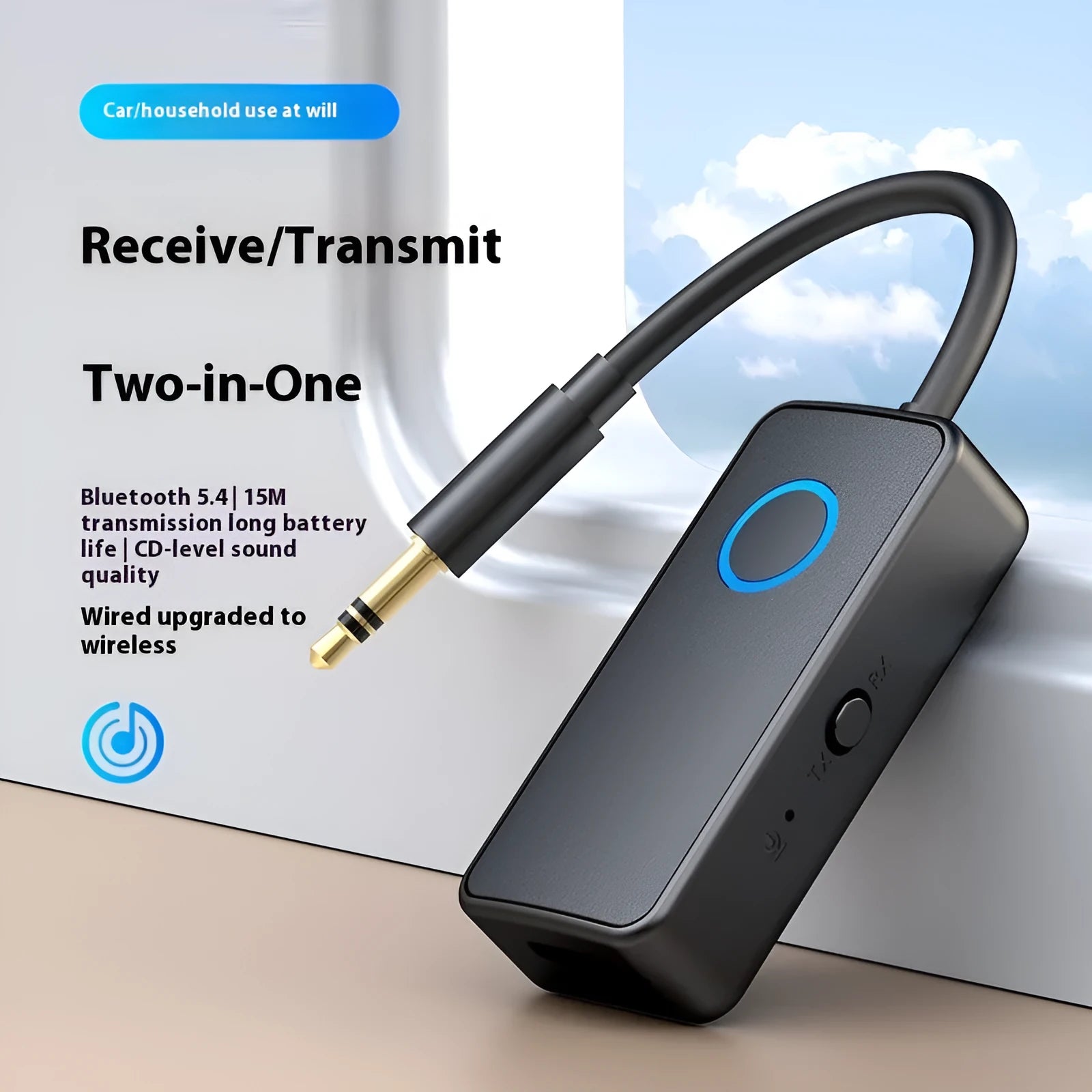 Black Bluetooth 5.4 audio adapter with flexible 3.5mm aux plug shown next to a mobile phone.