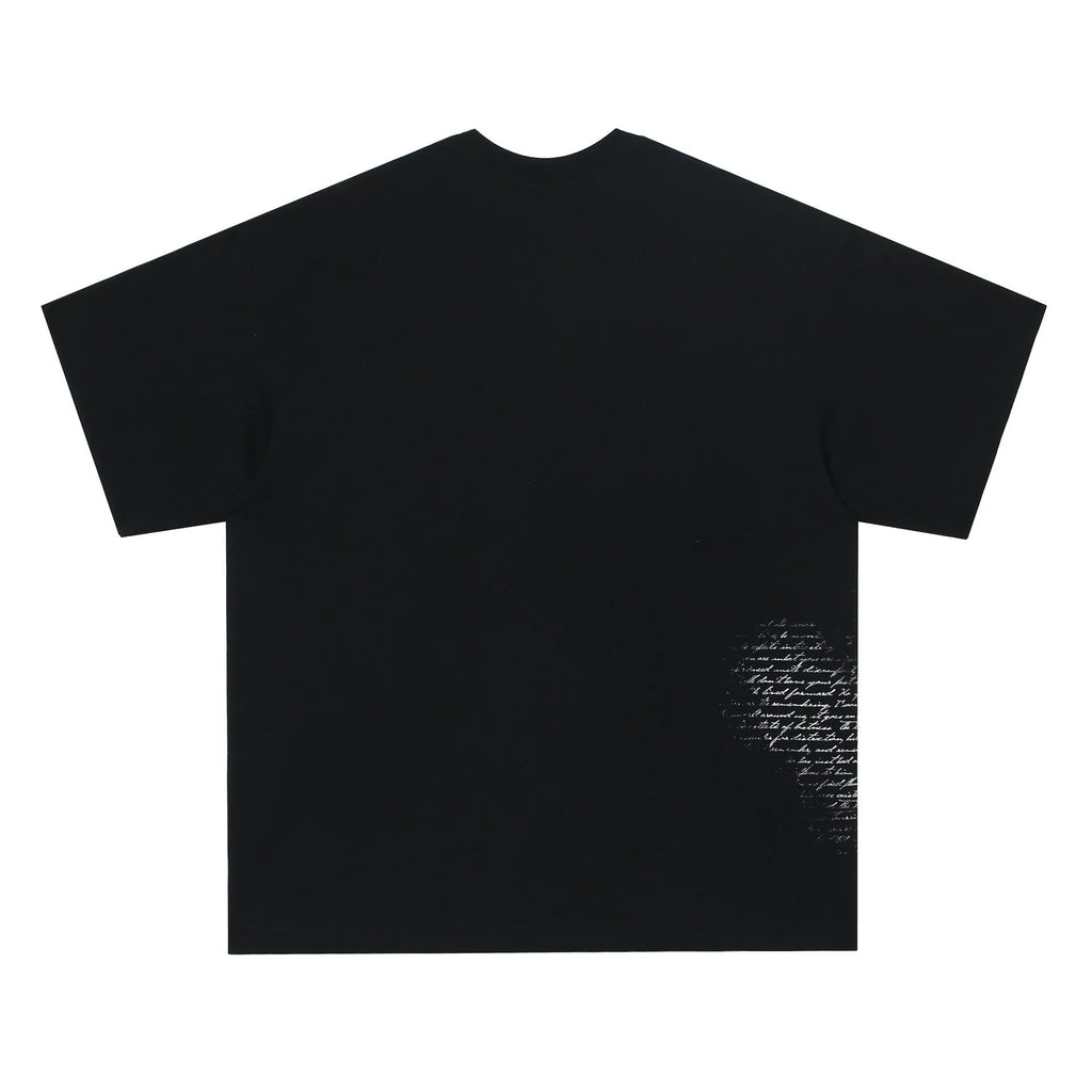 Black and white American retro hip hop gothic letter print cotton T-shirt on a hanger.