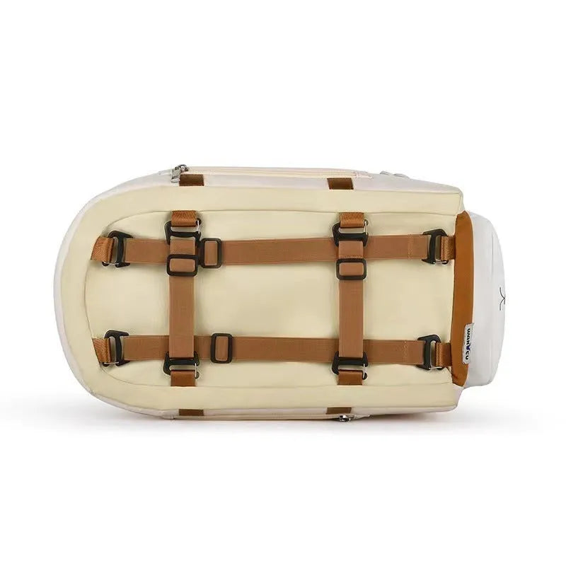 Beige hard-sided pet carrier flight case with central control panel for cats under 15kg