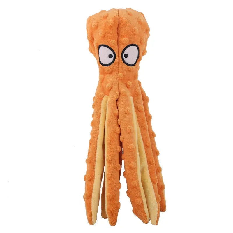 Blue octopus plush dog squeaky toy with no stuffing on a white background.
