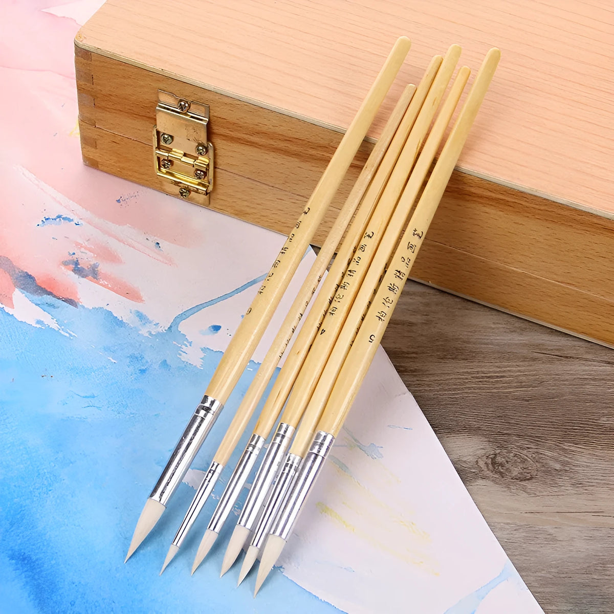 Wooden Chinese calligraphy brush set of 6 artistic wool brushes with pointed hook line tips