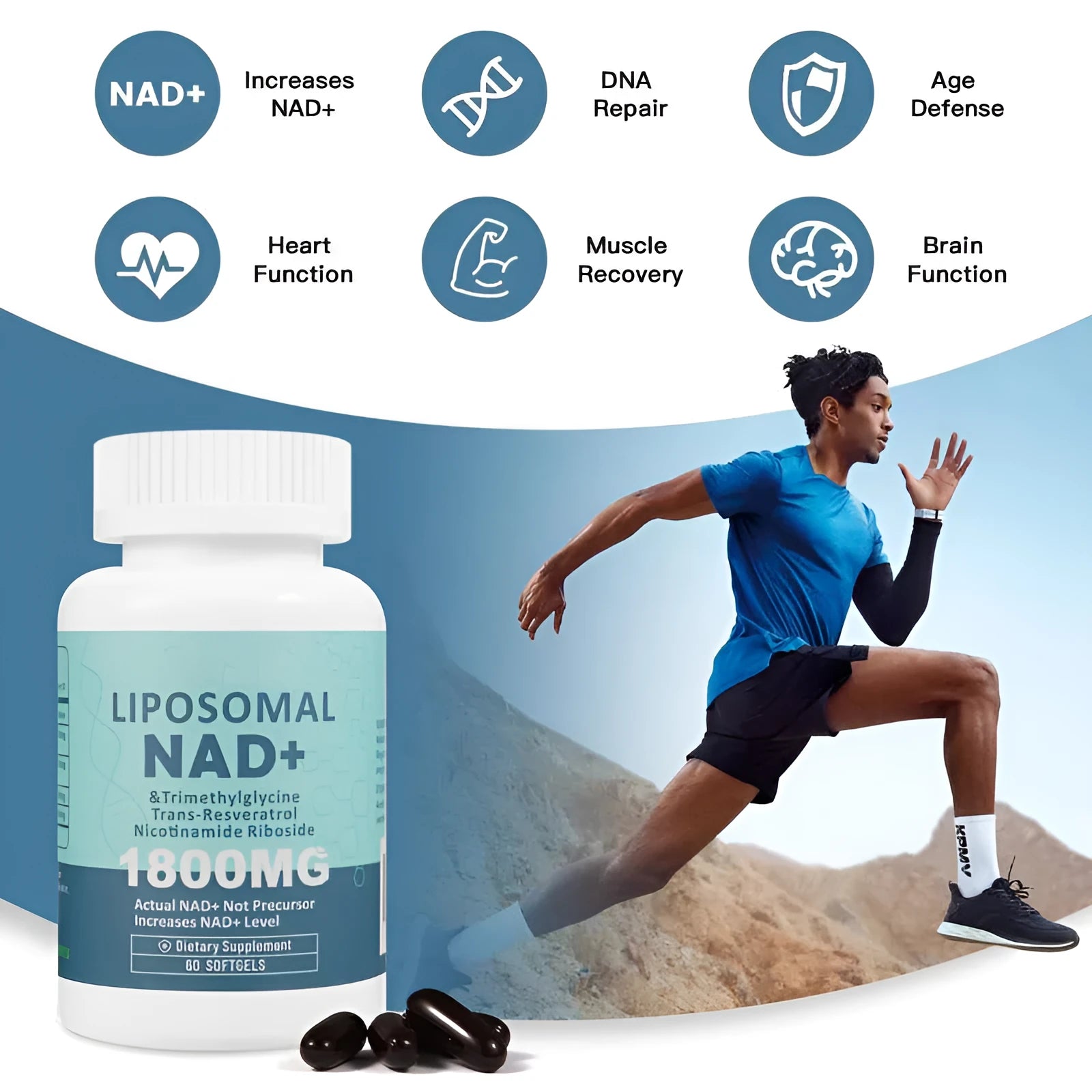 Bottle of Nicotinamide Mononucleotide NMN gel capsules dietary supplement.