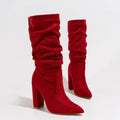 Women's black chunky heel pointed-toe suede boots with above 8cm height and middle calf length