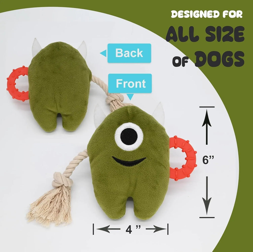 Blue and green plush dog toy with integrated cotton rope sections and a squeaker inside