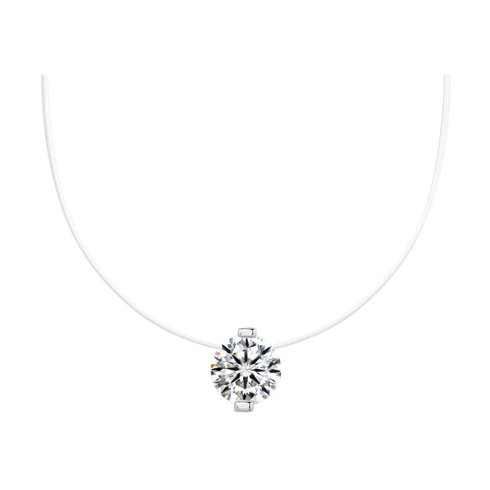 Women's sterling silver pendant necklace with moissanite stone on invisible fishing line chain