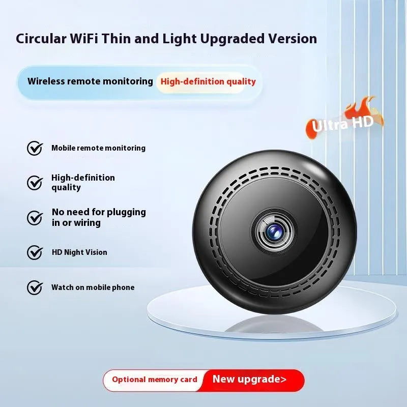 Wireless WiFi security monitor with 360-degree rotation showing black circular design