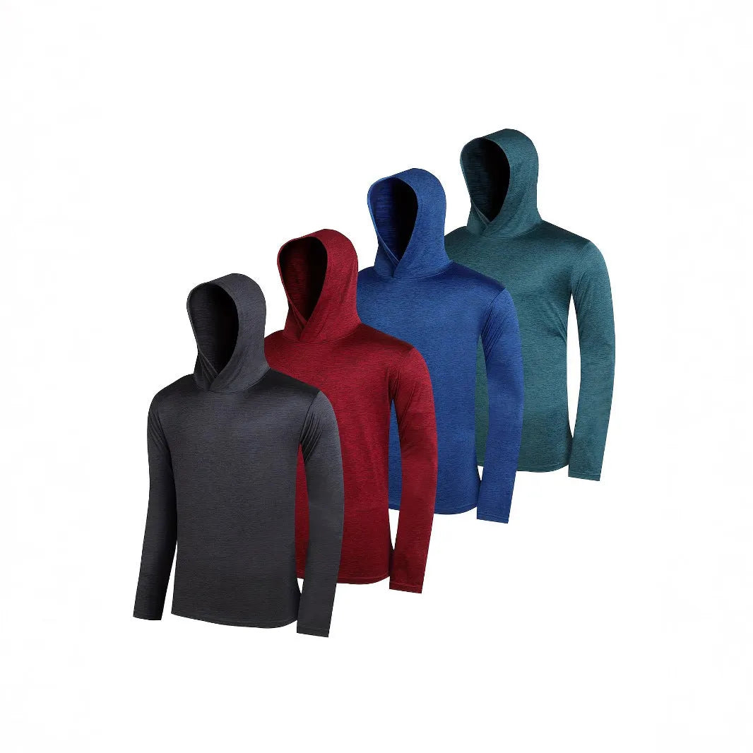 Four men's lightweight polyester hoodies bundled together, shown in assorted colours with hooded and non-hooded style options.