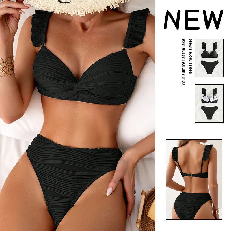 Women's solid colour bikini swimsuit in black or khaki, made from polyester fibre