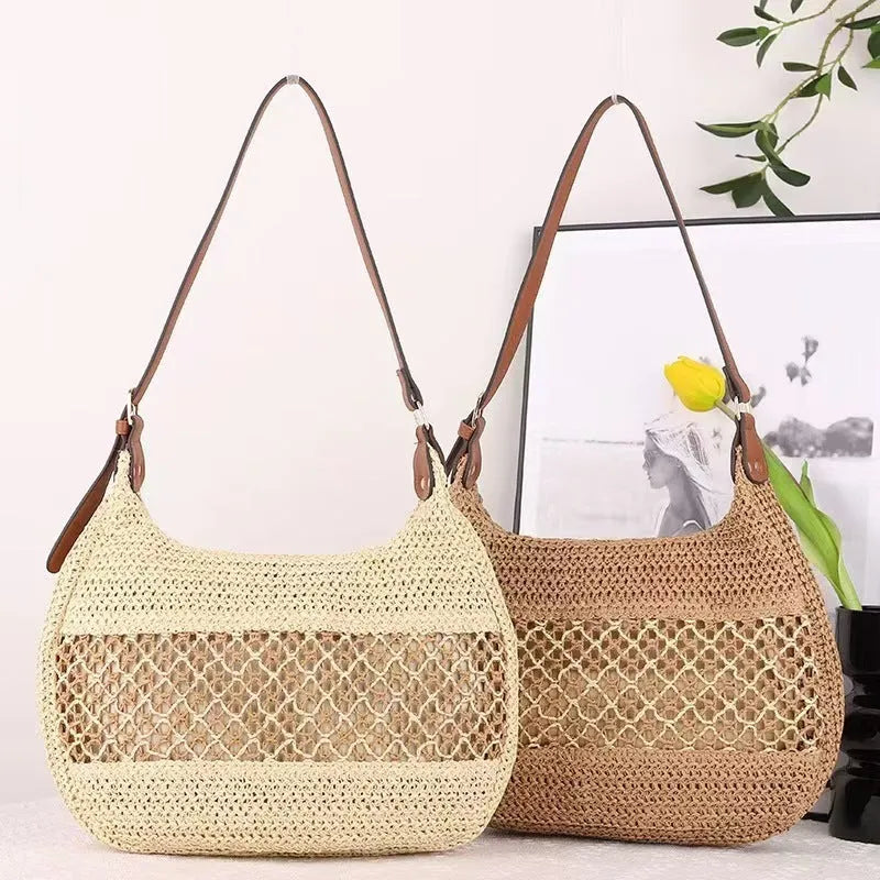 Women's straw crossbody bag in horizontal square shape with sandwich pocket, khaki colour option