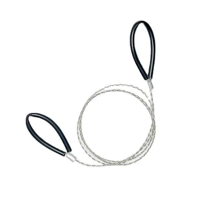A coiled black or red survival wire saw made of braided stainless steel, shown with a scale indicating its small size.