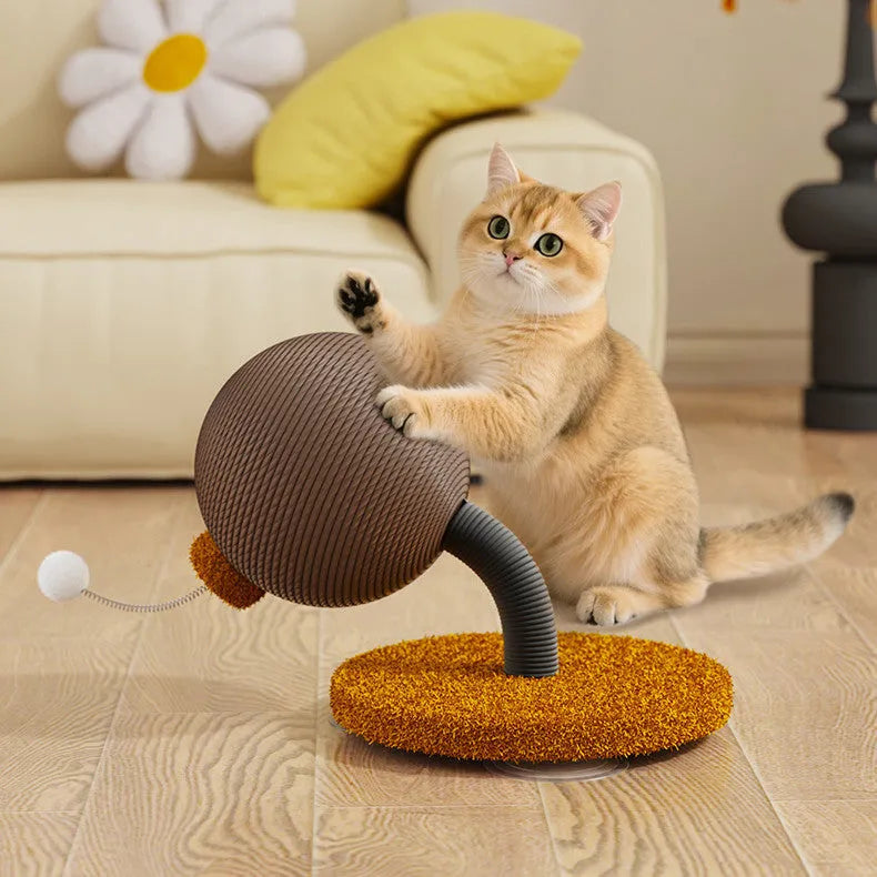 A hemp rope cat scratching board, shown with a choice of cat grasping ball or tumbler accessory.