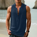 Men's casual sleeveless shirt in cotton linen blend showing colour options and sleeveless design
