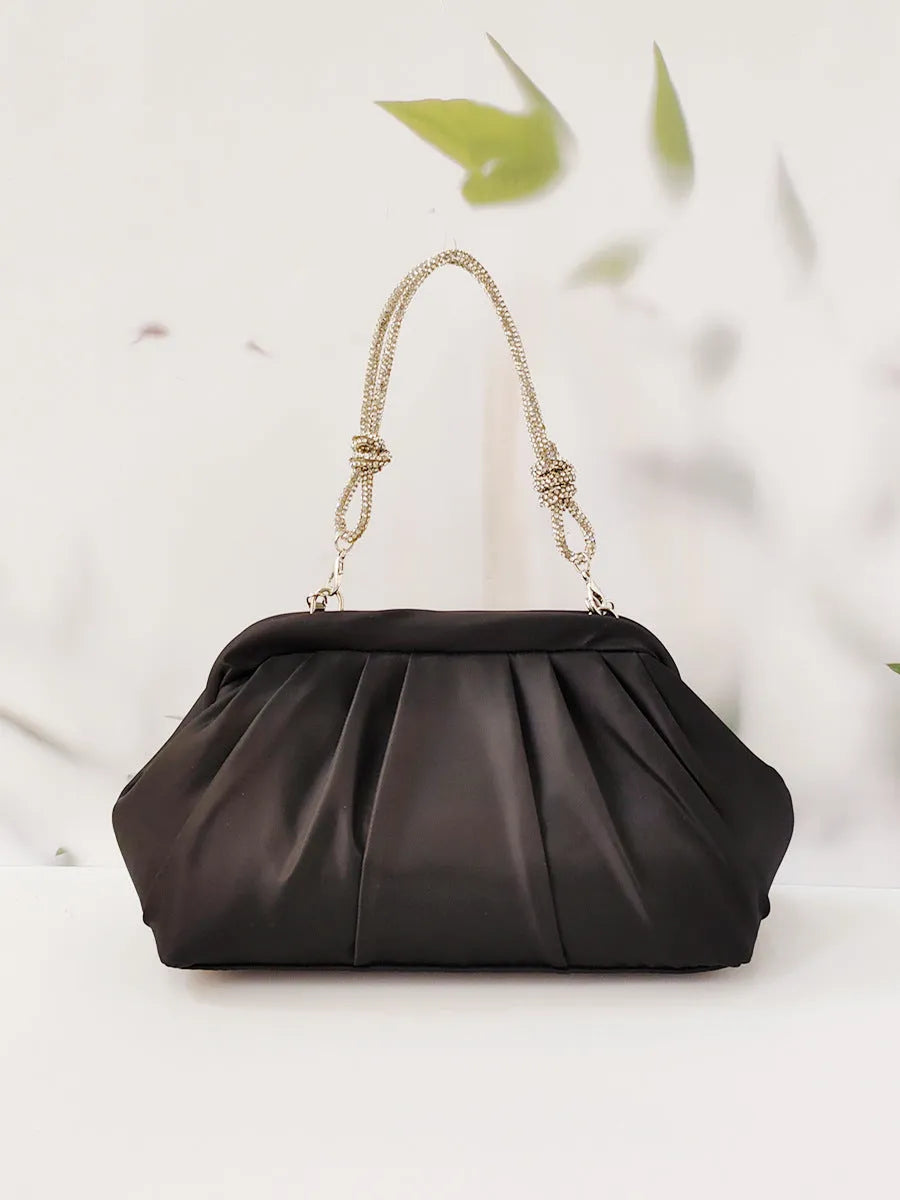 Women's soft polyester dinner bag messenger with shell shape, document organiser and diamond detailing in black, rose red or lavender purple