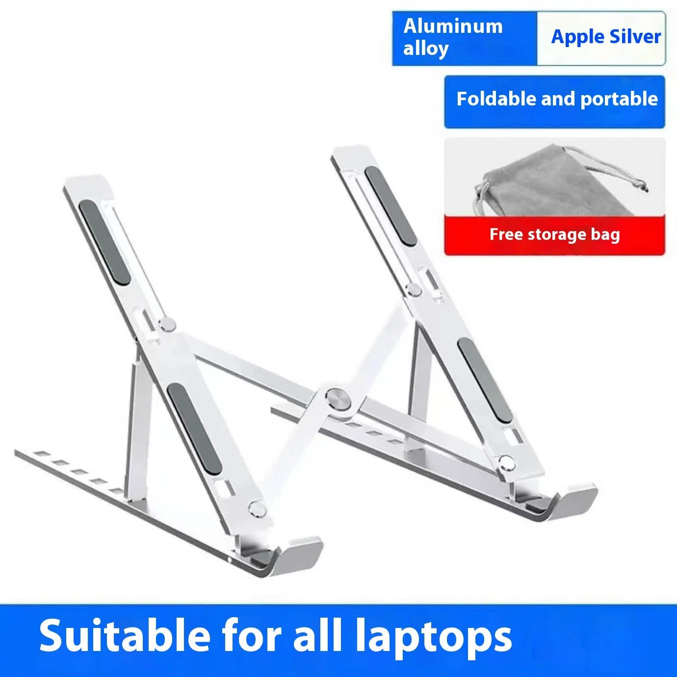 Folding aluminium laptop stand in silver finish showing cooling design for 16-18 inch notebooks