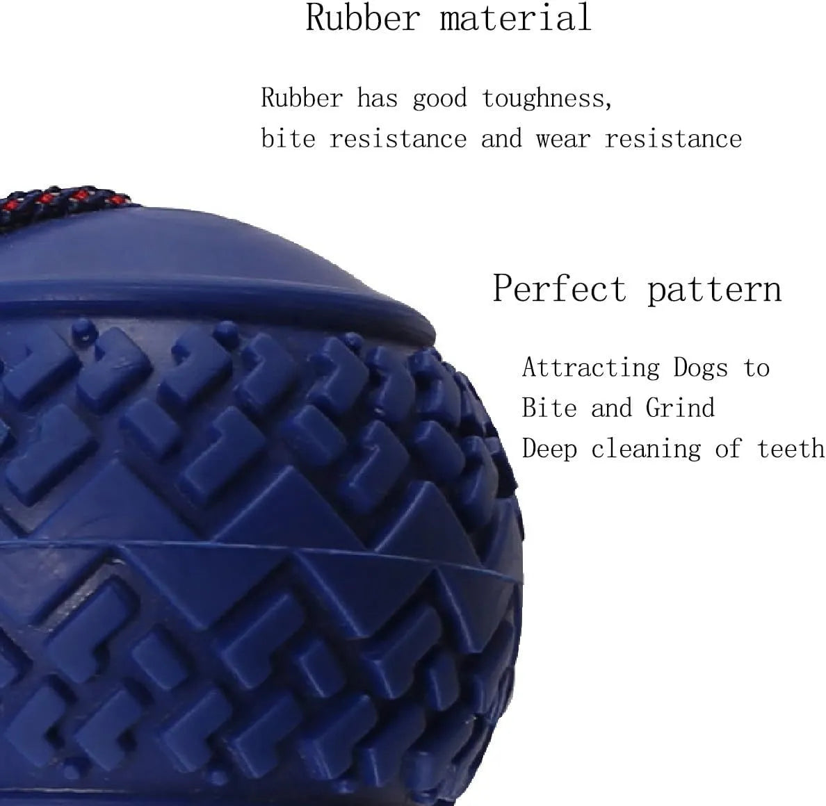 Blue rubber dog ball with attached rope toy measuring 6.5cm diameter