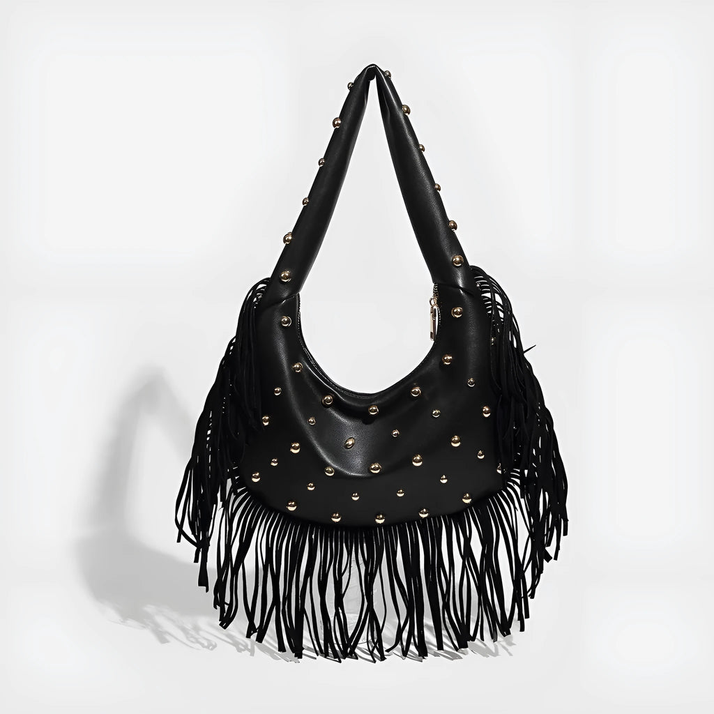 Retro black shoulder handbag with tassel detail and internal mobile phone pocket.