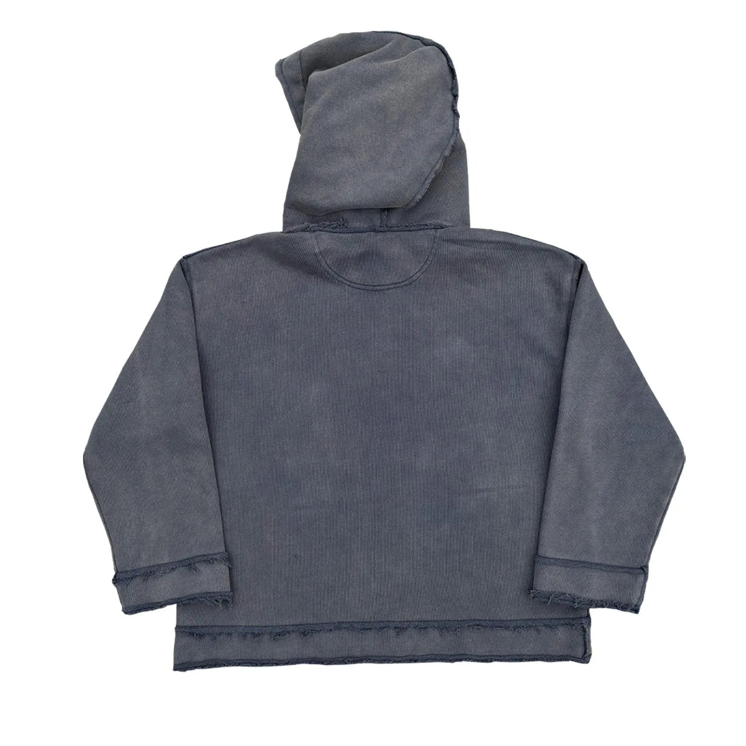 Dark blue back-to-front hoodie sweater on a model