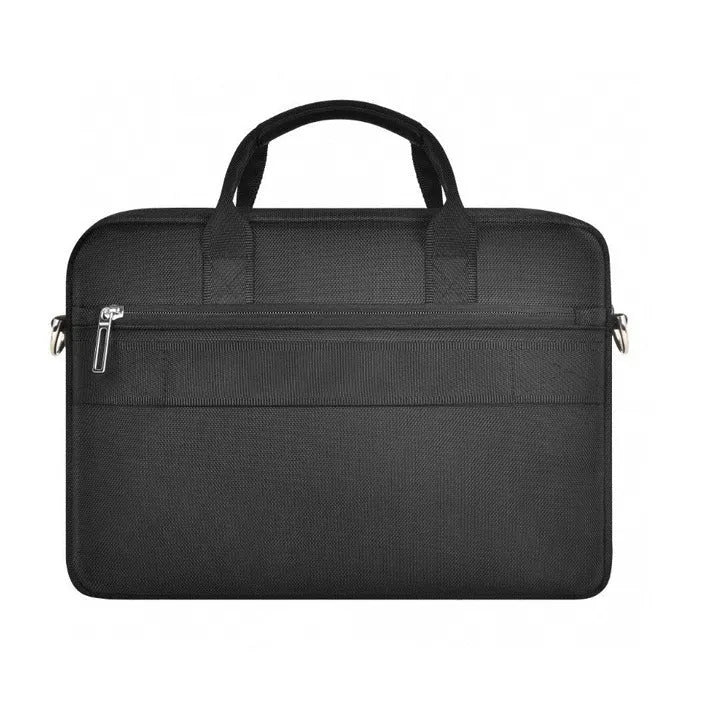 Black multi-pocket Oxford cloth laptop backpack showing organisers and lock, sized for 14-inch or 15.6-inch laptops.