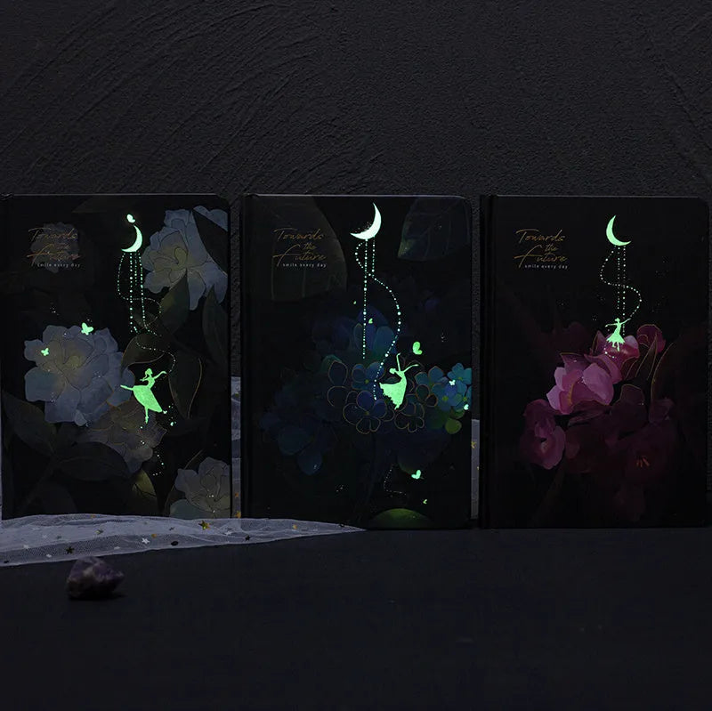 A5 notebook with luminous cover showing colour illustration interior pages and dot grid layout
