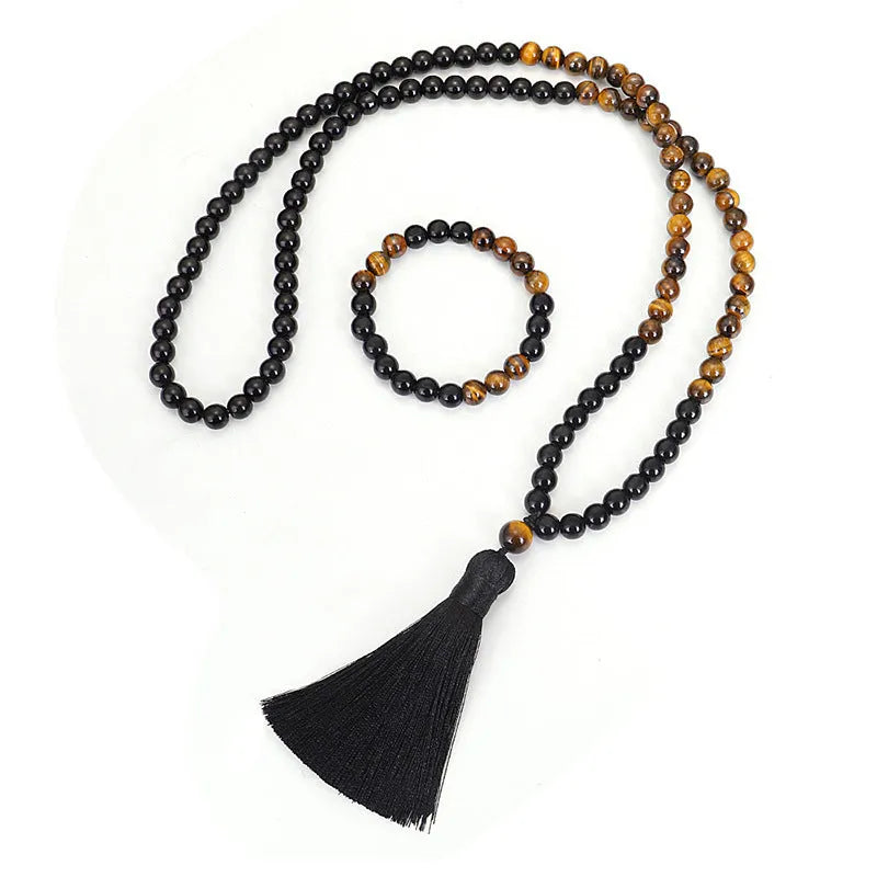 Tiger eye stone tassel sweater chain with 81cm circumference and drop shape pendant