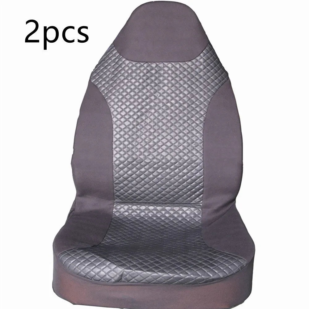 Black quilted automotive seat covers showing PU and polyester fabric construction with plastic hook fasteners