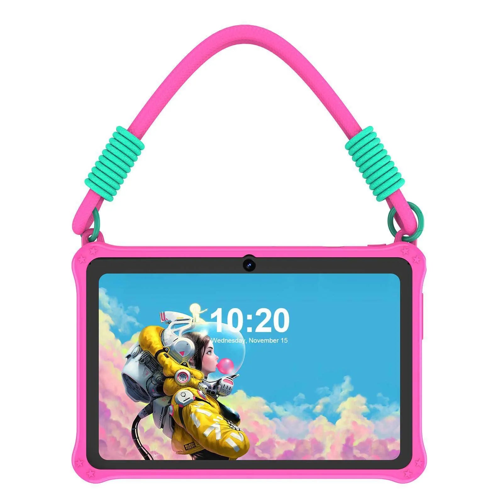 7-inch children's tablet silicone protective case in dark pink with flat carrying strap