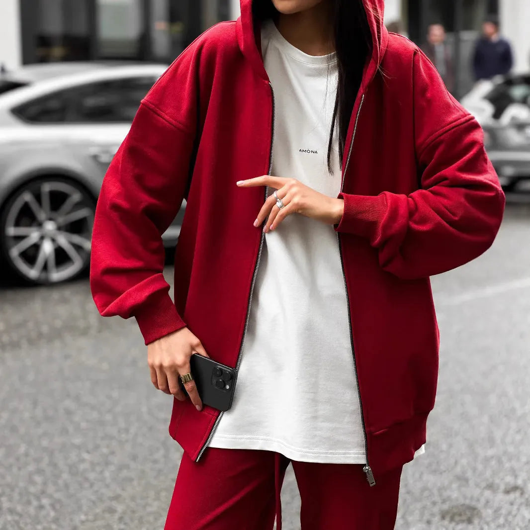 Red loose fit long-sleeved coat and trousers two-piece street style set