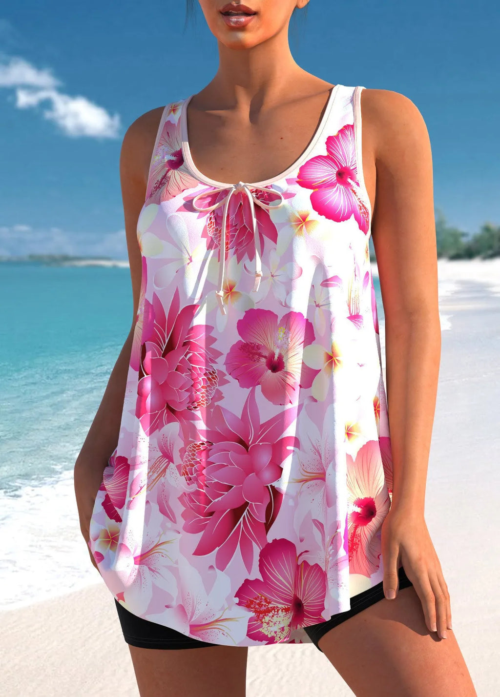 Pink printed plus size tankini swimsuit with high waist briefs on a mannequin