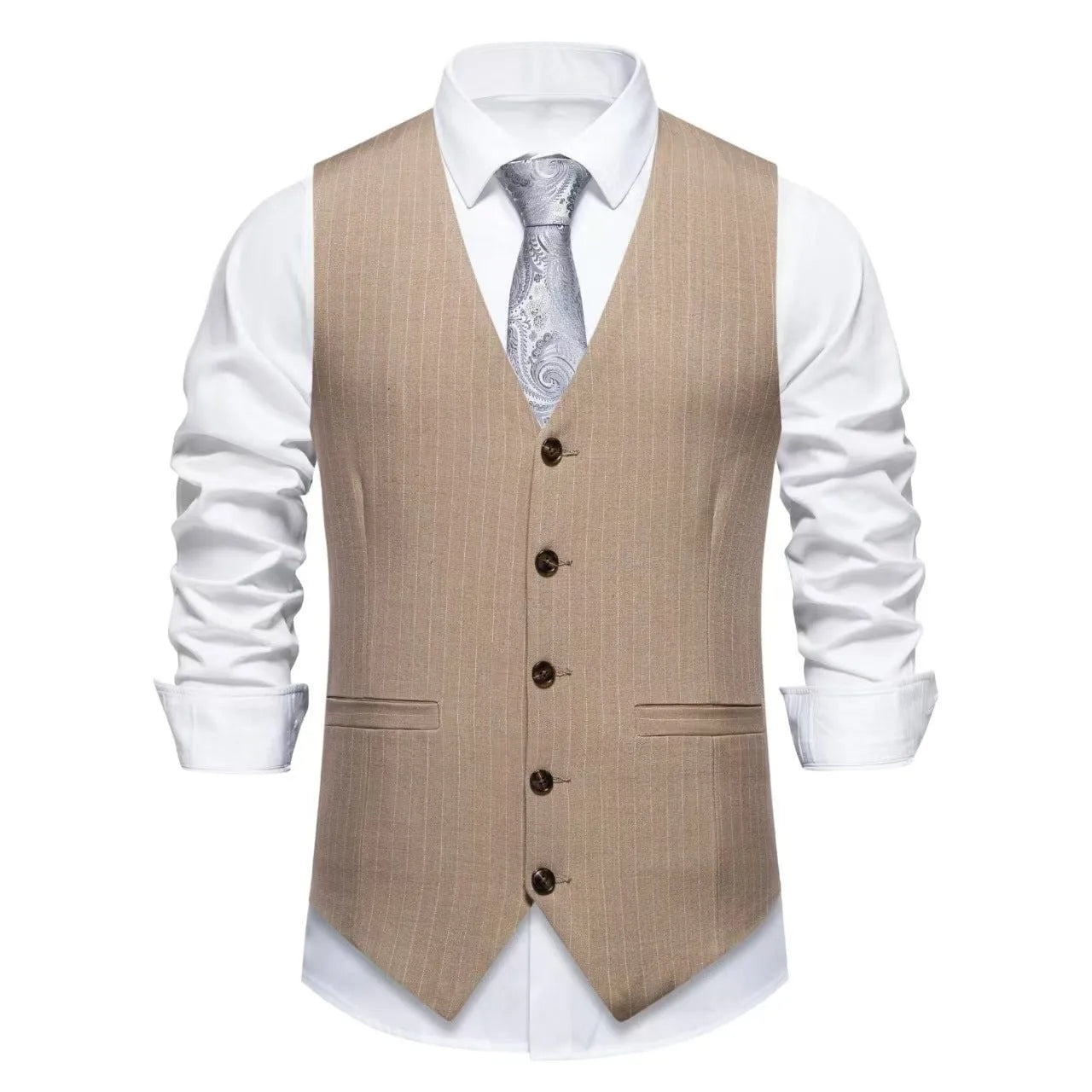 Men's striped polyester suit vest in business formal style with non-ironing fabric