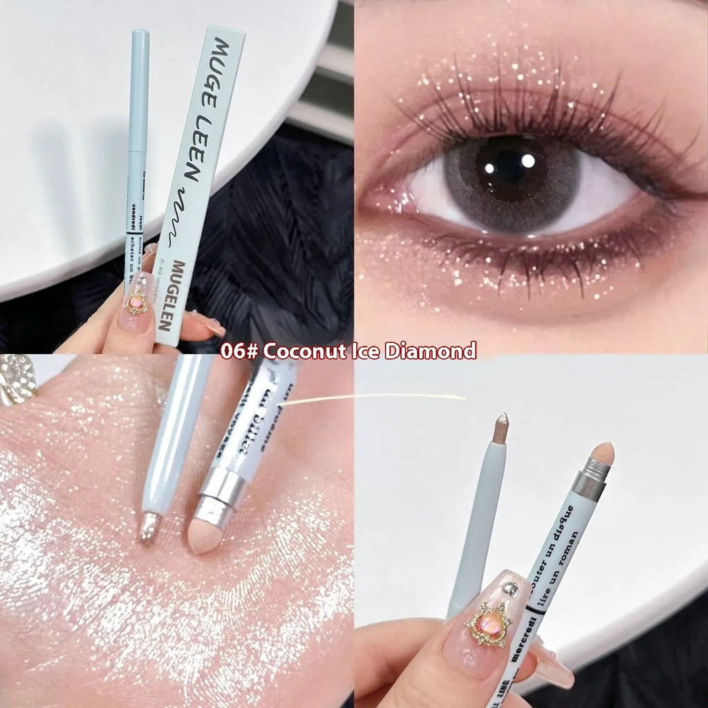 Waterproof eye shadow pen in a display showing its range of 16 colours including beige, pink, gold, and purple.