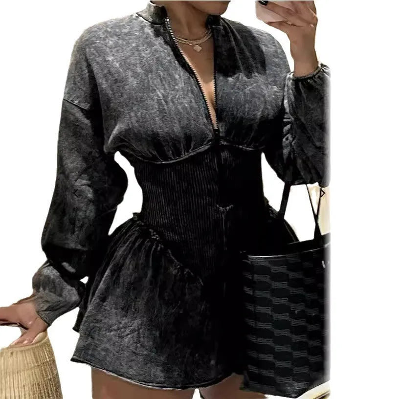 Grey digital print slim-fit A-line dress with drawstring waist and long sleeves
