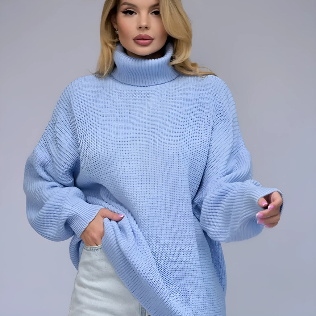 Women's high-neck pullover sweater in thick imitation cashmere polyester fabric in solid colour