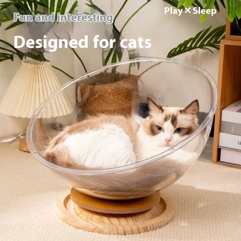 Transparent acrylic capsule cat bed with turntable base on wooden floor