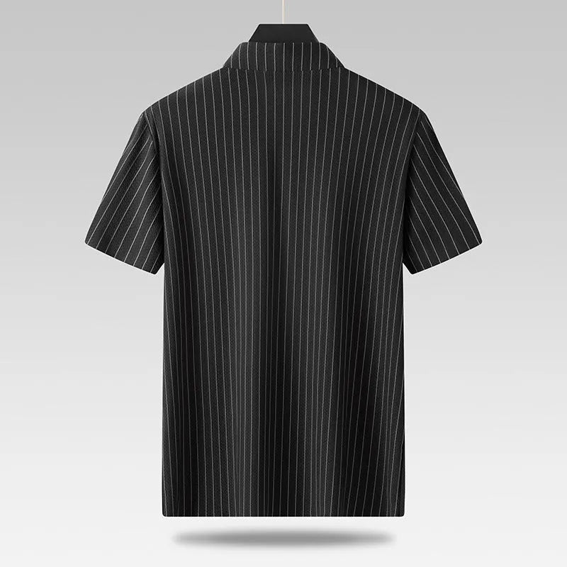 Plus size man wearing a black striped ice silk shirt with a square collar and loose fit.
