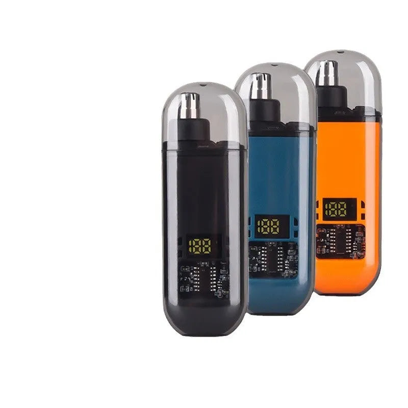 Rechargeable nose hair trimmer with digital display, removable cutter head, and cleaning brush