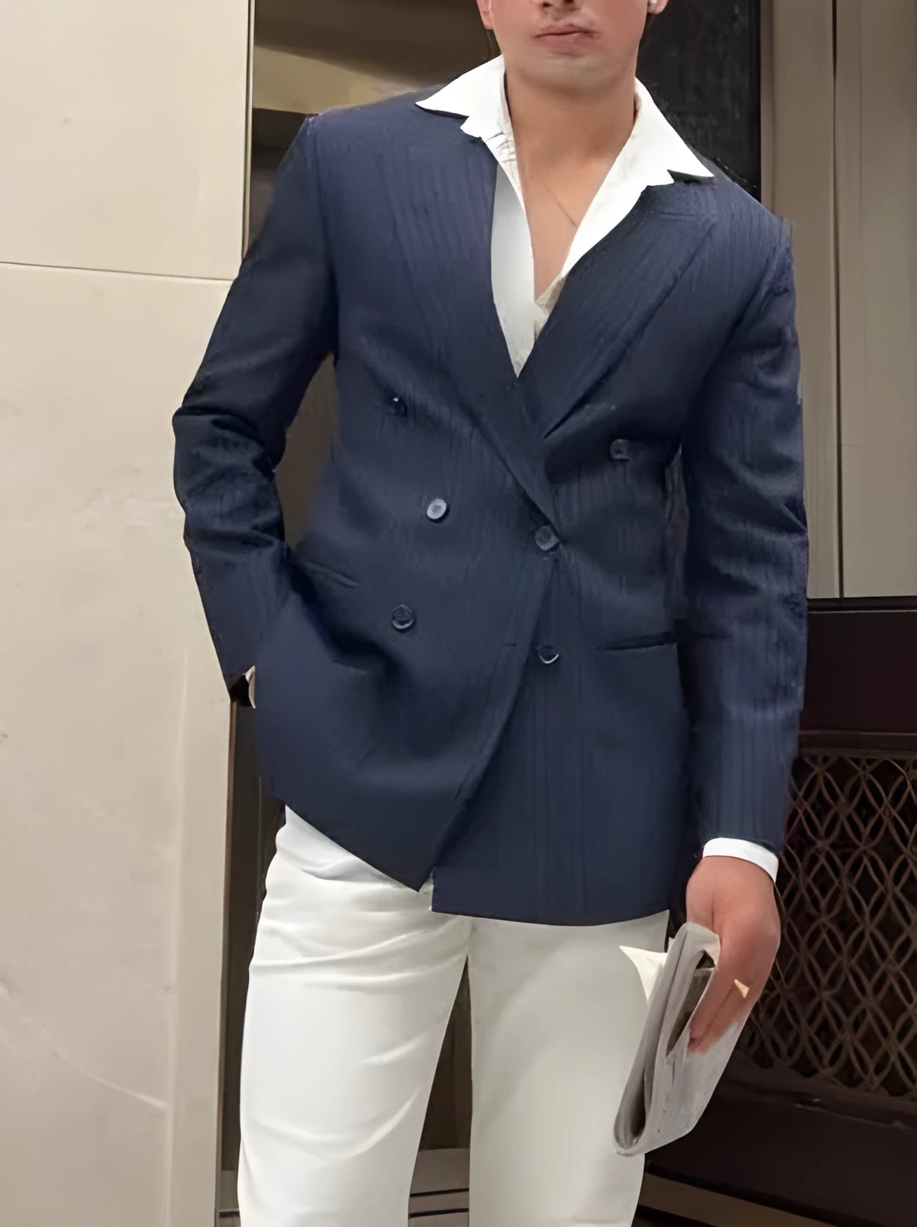 Men's striped double-breasted polyester blazer in regular fit with classic design