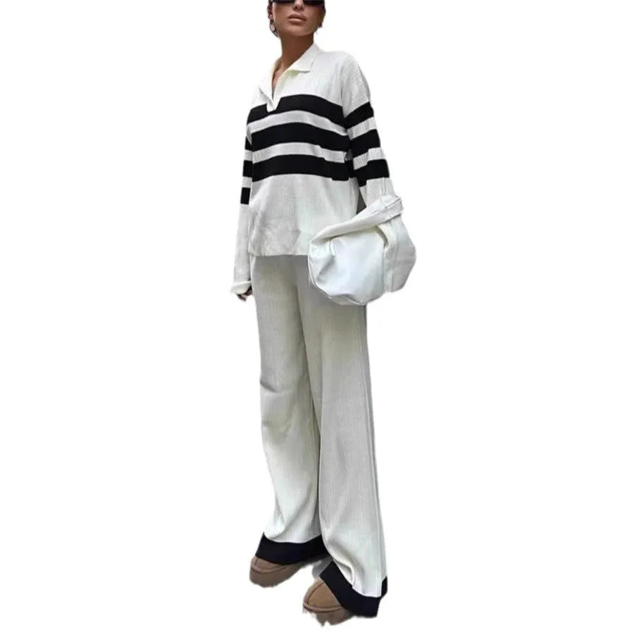 Women's black and white striped polo shirt with contrast collar and matching trousers casual two-piece set