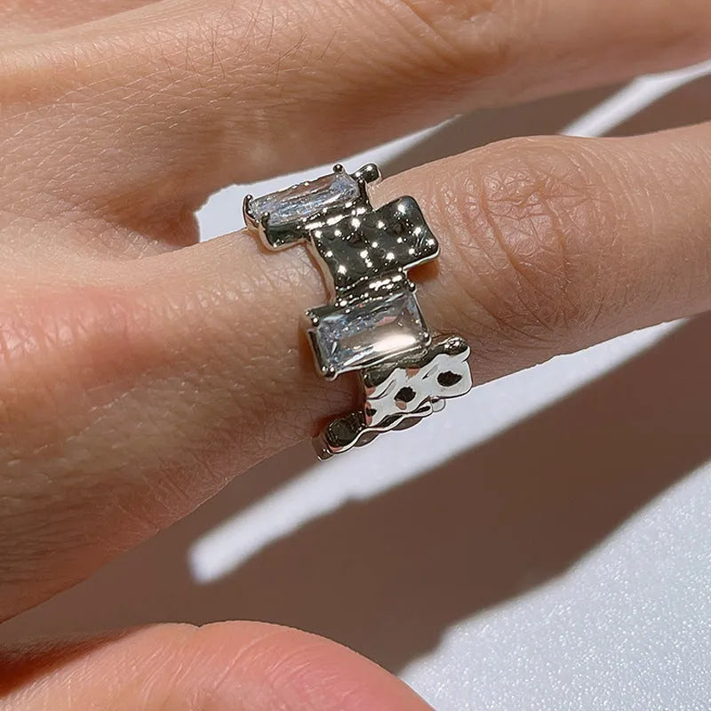 Silver geometric open ring with cross zircon design and retro pastoral styling