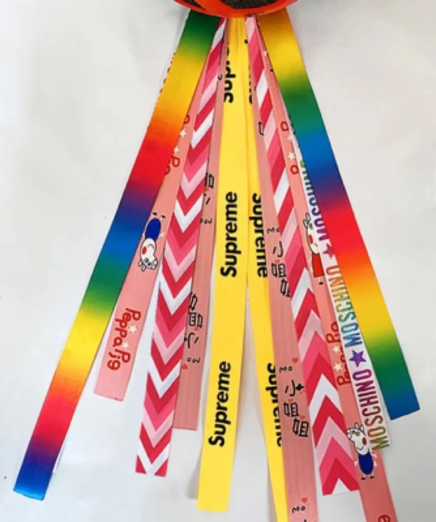 Decorative ribbon streamer for a child's ski or skating helmet in various colour options.