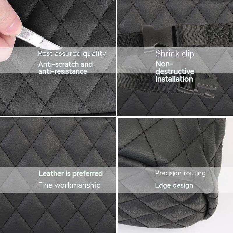 Leather car hanging storage bag organiser measuring 25x25x8cm in black, pink, green, or white
