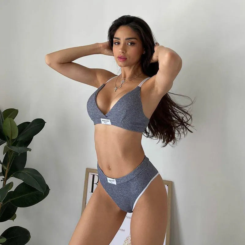 Women's embroidered bikini set with contrast binding in grey colour