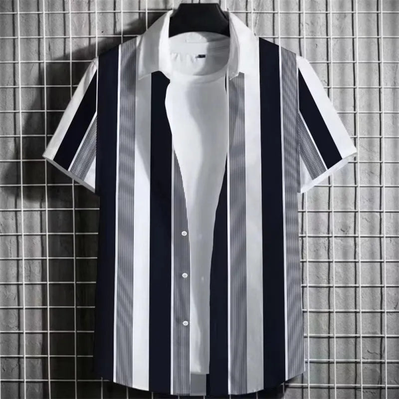 Men's striped short sleeve linen T-shirt with 3D printed texture, shown in multiple colour options.