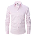 Men's stretch long sleeve polyester work shirt on a hanger, showing button front and long sleeves.