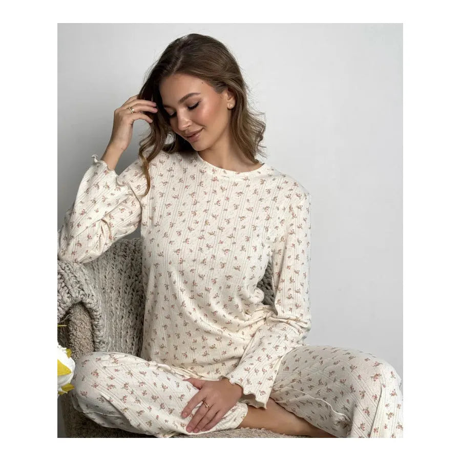 Women's white floral print bell sleeve top and wide leg pants loungewear set